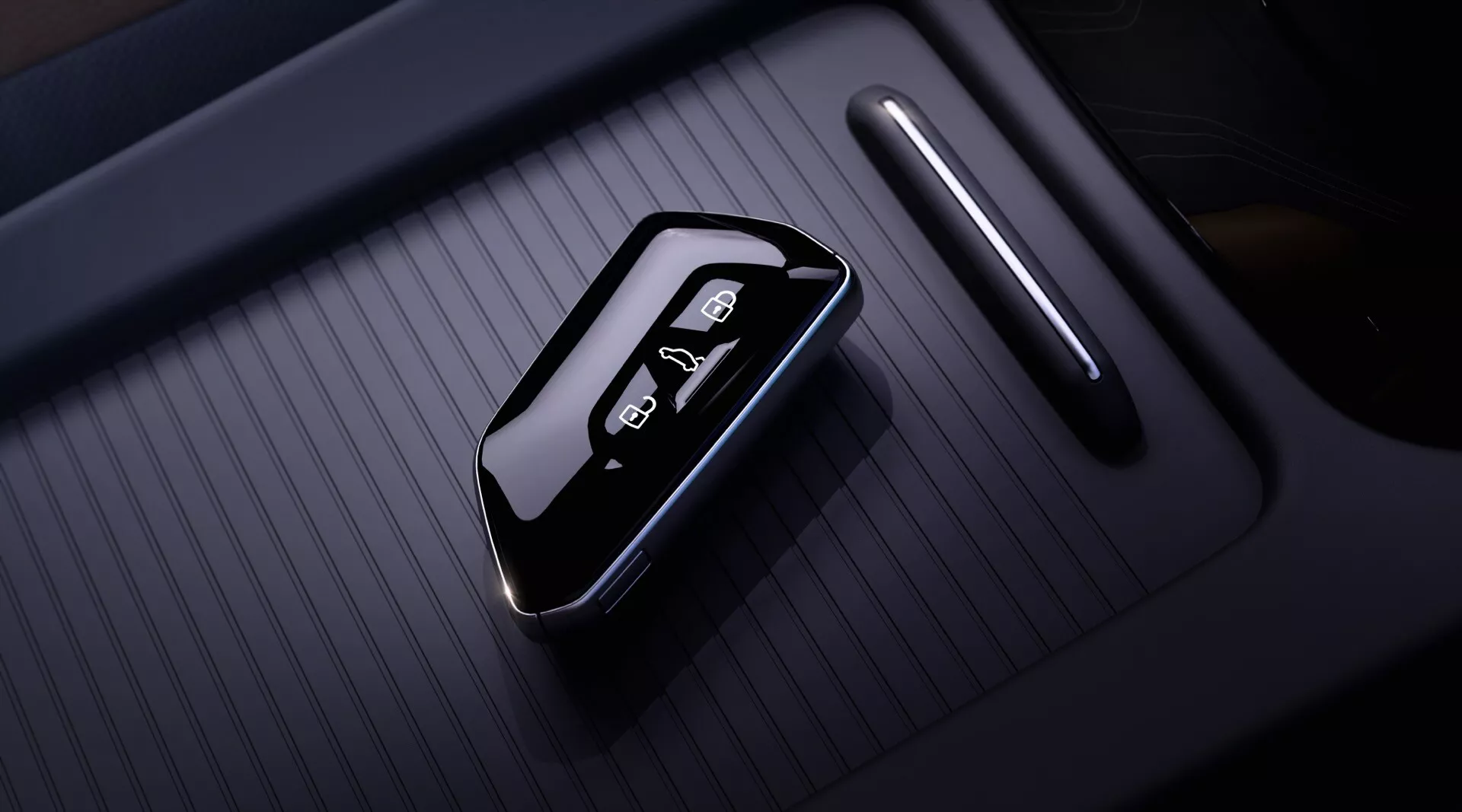 Brelok do kluczy samochodu Volkswagen ID4 2020 1. generacji spoczywający na teksturowanej powierzchni w komorze wewnętrznej pojazdu, z eleganckim designem i przyciskami do kluczowych operacji, takich jak zamykanie/otwieranie drzwi, pod delikatnym, niskim oświetleniem.